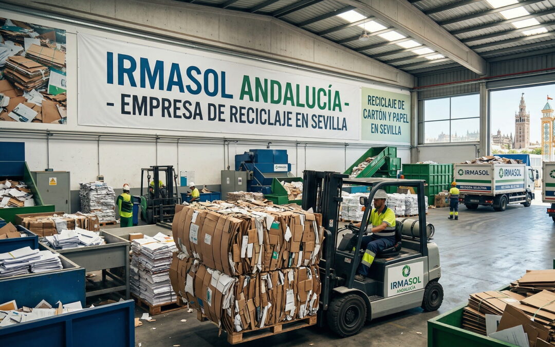 Planta de procesamiento de Irmasol Andalucía: empresa de reciclaje en Sevilla gestionando cartón y papel para la Feria de Abril